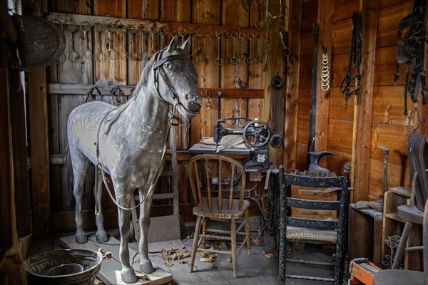 Fort Dodge, Iowa, A saddle makers shop at the Fort Museum and Frontier Village. Operated by the Fort Dodge Historical Foundation, the museum displays the frontier life of the 1850s