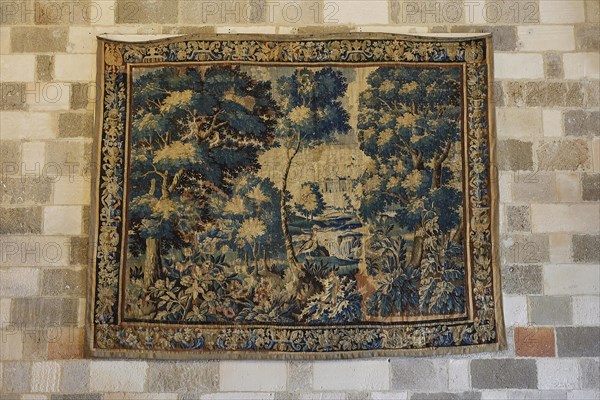 Old tapestry with detailed forest landscape, interior view, Grand Master's Palace, Knights' Town, Rhodes Town, Rhodes, Dodecanese, Greek Islands, Greece, Europe