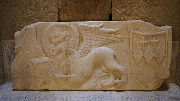 Lion of St Mark, Crispi family crest, A stone relief shows a winged lion and a coat of arms with crosses, Interior, Archaeological Museum, Old Town, Rhodes Town, Rhodes, Dodecanese, Greek Islands, Greece, Europe