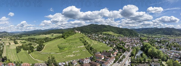 Aerial view, panorama of Staufen Castle, on a vineyard, Schlossberg, Staufen im Breisgau, Markgraeflerland, Black Forest, Baden-Wuerttemberg, Germany, Europe