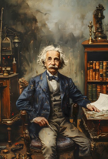 Oil painting of the physicist Albert Einstein sitting in a chair in an office, AI generated, AI generated