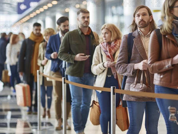 Passengers wait to board their plane at the airport, AI generated