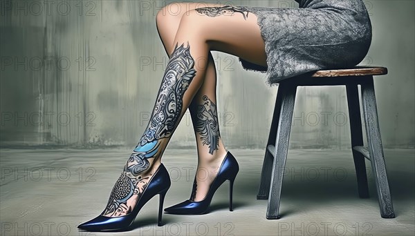 Woman sitting on a stool, showing tattooed legs in high-heeled black shoes and a grey dress, AI generated, AI generated