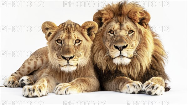 Two majestic lions lying together, staring intently, highlighted with their powerful presence against a white background, AI generated