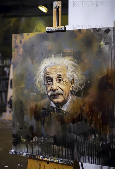 Oil-painted portrait of the physicist Albert Einstein, stands on a staggered floor, modern interpretation, AI generated, AI generated