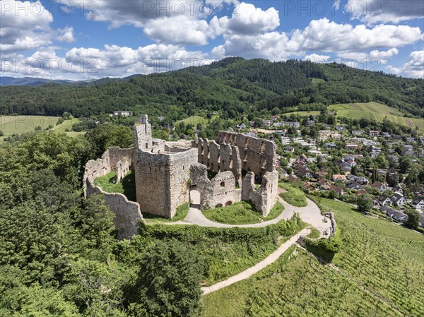 Aerial view of Staufen Castle, on a vineyard, Schlossberg, Staufen im Breisgau, Markgraeflerland, Black Forest, Baden-Wuerttemberg, Germany, Europe