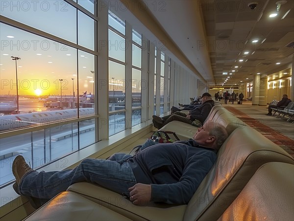 Passengers wait to board their plane at the airport, AI generated