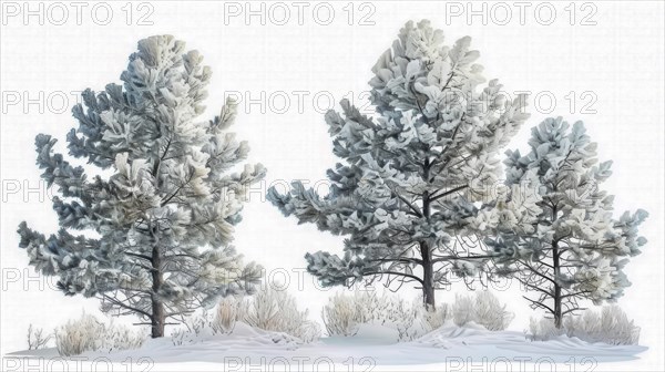 Snow-covered pine trees in a calm winter landscape, evoking a peaceful and cold mood in watercolor style, AI generated