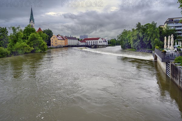 Flood at the Iller dam Ueberlandwerk, Kempten, Allgaeu, Swabia, Bavaria, Germany, Europe