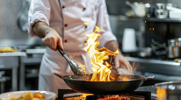 Chef in modern kitchen preparing gourmet meal in upscale restaurant of world cuisine, AI generated