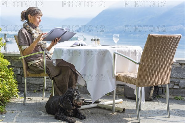 Elegant Woman with Her Dog in an Outdoor Restaurant with Mountain View and Lake Maggiore and Reading the Menu in a Sunny Day in Ronco sopra Ascona, Ticino, Switzerland, Europe