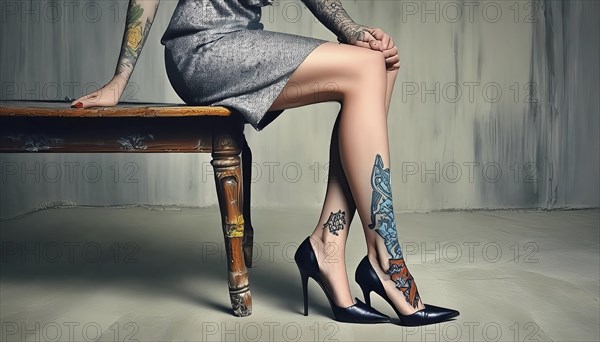 Woman sitting on a table, showing tattooed legs in high-heeled black shoes and a grey dress, AI generated, AI generated