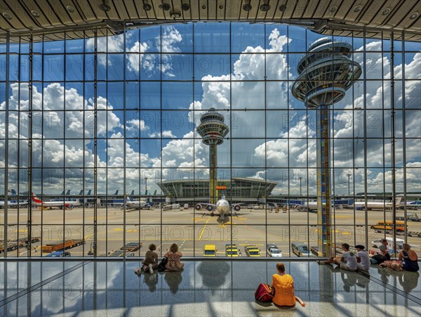 Passengers wait to board their plane at the airport, AI generated