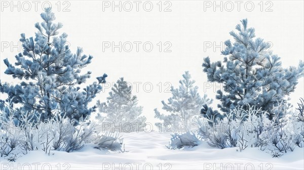 Snowy pine trees in a peaceful winter setting, capturing the cold and tranquil atmosphere in watercolor, AI generated