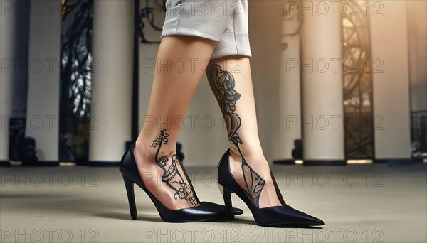 Woman showing leg tattoos, wearing black high heels and beige trousers in a modern architectural setting, AI generated, AI generated