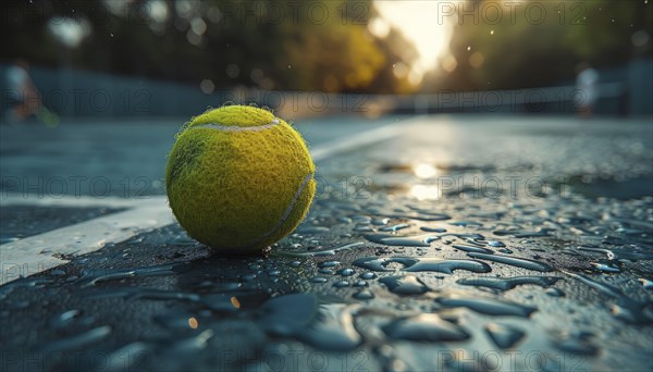 Tennis ball on a wet court during sunset with droplets and blurred background, AI Generated, AI generated