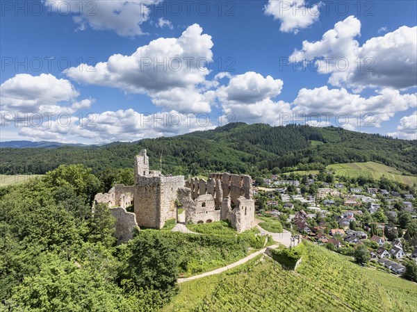 Aerial view of Staufen Castle, on a vineyard, Schlossberg, Staufen im Breisgau, Markgraeflerland, Black Forest, Baden-Wuerttemberg, Germany, Europe