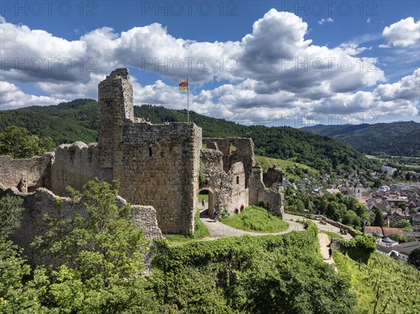 Aerial view of Staufen Castle, on a vineyard, Schlossberg, Staufen im Breisgau, Markgraeflerland, Black Forest, Baden-Wuerttemberg, Germany, Europe