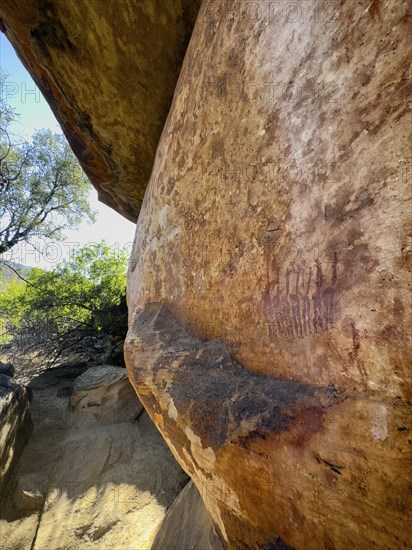 Prehistoric depiction of woman on a rock, San rock paintings, Sevilla Art Rock Trail, Cederberg Mountains, near Clanwilliam, Western Cape, South Africa, Africa