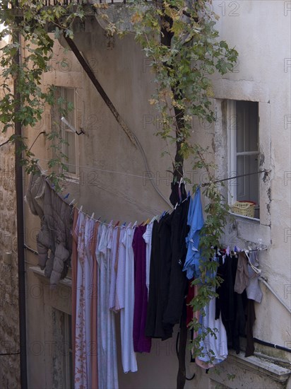 Clothes hanging on a washing line between old buildings, surrounded by rustic ivy, the old town of Dubrovnik with historic houses, churches, red roofs and fortress walls, dubrovnik, coratia