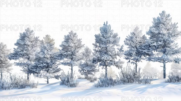 Row of snowy pine trees in a serene winter landscape, depicted in a calm and cold watercolor style, AI generated