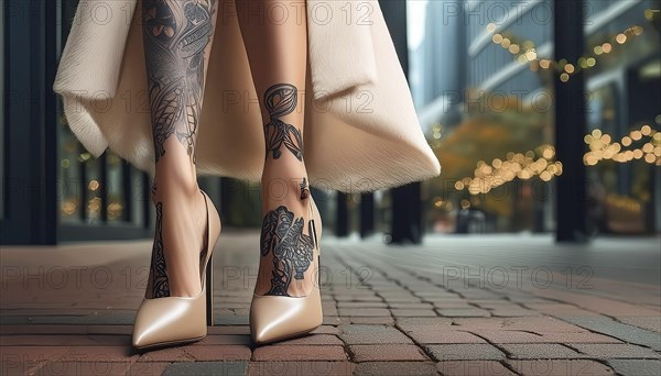 Woman shows leg tattoos and wears bright high heels on a modern city backdrop with lights, AI generated, AI generated