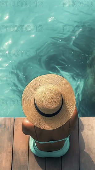 A woman wearing a bigstraw hat is sitting on a pier by the sea. The woman is enjoying the view of the water, IA generated, AI generated