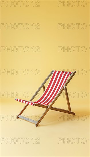 A red and white striped beach chair with wooden legs. The chair is empty and is sitting on a yellow background, IA generated, AI generated