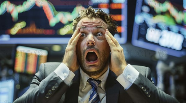 Concept of stock exchange trades during crisis and market crash. Stock trade broker panic, AI generated