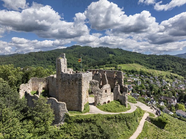 Aerial view of Staufen Castle, on a vineyard, Schlossberg, Staufen im Breisgau, Markgraeflerland, Black Forest, Baden-Wuerttemberg, Germany, Europe