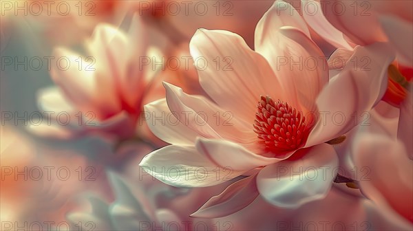 Dreamy close-up of a peach-colored magnolia blossom with soft lighting highlighting its delicate petals, AI generated