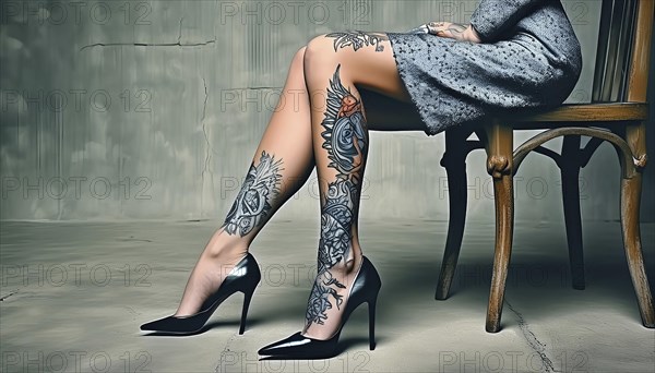 Woman sitting on a wooden chair, showing tattooed legs in high-heeled black shoes and a grey dress, AI generated, AI generated