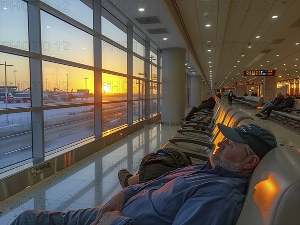 Passengers wait to board their plane at the airport, AI generated