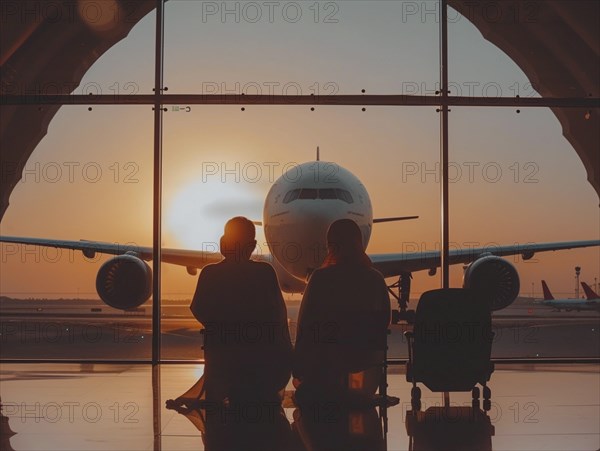 Passengers wait to board their plane at the airport, AI generated