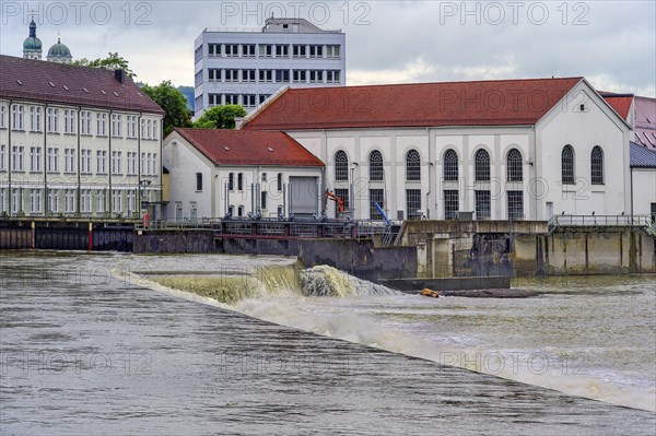 Flood at the Iller dam Ueberlandwerk, Kempten, Allgaeu, Swabia, Bavaria, Germany, Europe