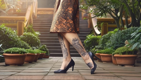 Woman walking on a paved path, showing tattoos on her legs and wearing an orange skirt and high heels, AI generated, AI generated