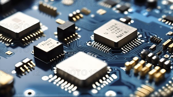 Close-up of a printed circuit board with microchip processor CPU, various electronic components and connections, symbol image data transmission, technology, computer, hardware and industry, AI generated, AI generated