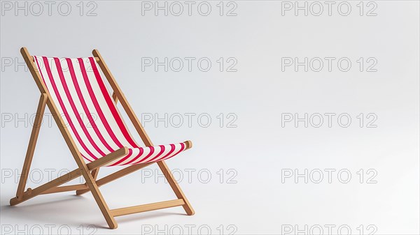 A red and white striped beach chair with wooden legs and copy-space. The chair is empty and is sitting on a white background, IA generated, AI generated