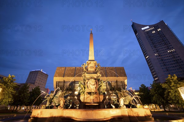 Gewandhaus, Konzerthaus, Mendebrunnen, City-Hochhaus, mdr, Logo, Europahochhaus, Augustusplatz, evening mood, blue hour, Leipzig, Saxony, Germany, Europe