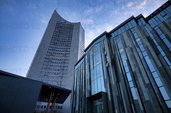 Gewandhaus, City-Hochhaus, mdr, Logo, University Alma Mater Lipsiensis, Leipzig, Saxony, Germany, Europe