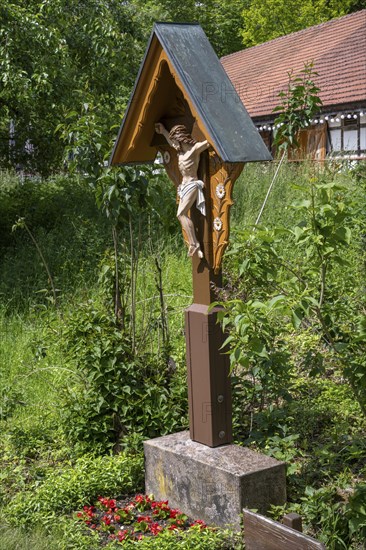 Typical wooden wayside cross, field cross, crucifix, open-air museum Neuhausen ob Eck, district of Tuttlingen, Baden-Wuerttemberg, Germany, Europe