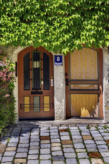 Two arched doorways and Boston ivy (Parthenocissus tricuspidata), Kempten, Allgaeu, Bavaria, Germany, Europe