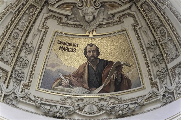 Interior view of Berlin Cathedral, Berlin, Germany, Europe, Mosaic portrait of the evangelist Marcus in a splendidly decorated ceiling of a religious building, Europe