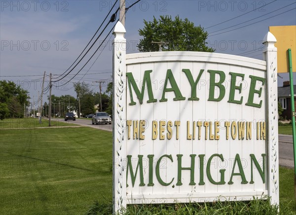 Maybee, Michigan, A sign welcomes travelers to Maybee, a small town in southeastern Michigan. The town was named after Abram Maybee, an early settler in the area