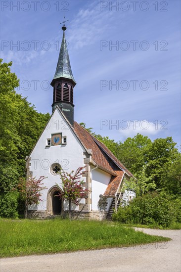 A traditionally built, old village church, late 15th century, original location: Tischardt in the district of Esslingen, open-air museum Neuhausen ob Eck, district of Tuttlingen, Baden-Wuerttemberg, Germany, Europe