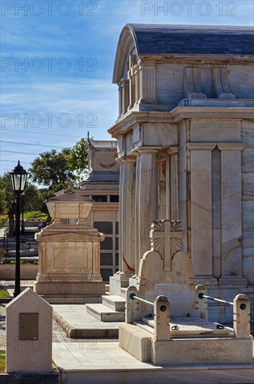 Large cemetery with tombs and religious symbols in Chiclana, Andalusia, Spain, Europe