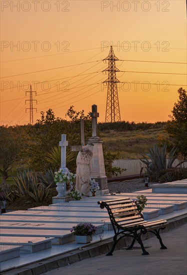 Large cemetery with tombs and religious symbols in Chiclana, Andalusia, Spain, Europe