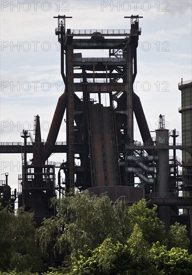 View of the listed Phoenix-West blast furnace from the Hympendahl spoil tip, Hoerde, Dortmund, North Rhine-Westphalia, Germany, Europe