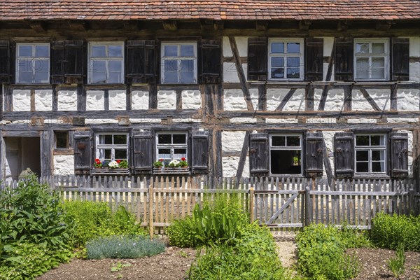 Traditionally built, old farmhouse, half-timbered house, called Biehle built in the 18th century, open-air museum Neuhausen ob Eck, district of Tuttlingen, Baden-Wuerttemberg, Germany, Europe