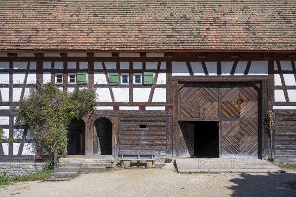 Traditionally built, old farmhouse, half-timbered house, called Baerbele-Haus, built around 1750, original location: Schoemberg, open-air museum Neuhausen ob Eck, district of Tuttlingen, Baden-Wuerttemberg, Germany, Europe